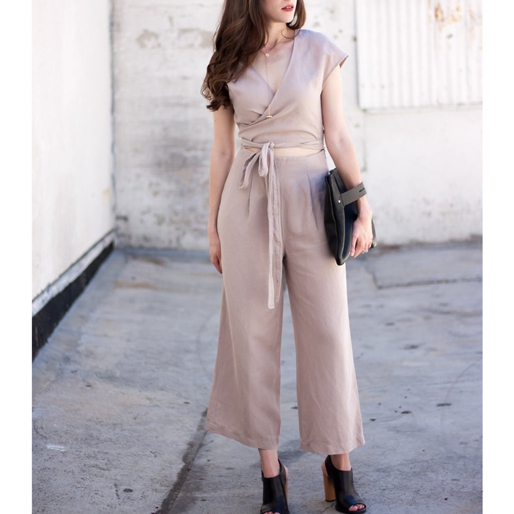 Wilfred Tan Jumpsuit with Tie-Waist and Cropped Wide-Leg